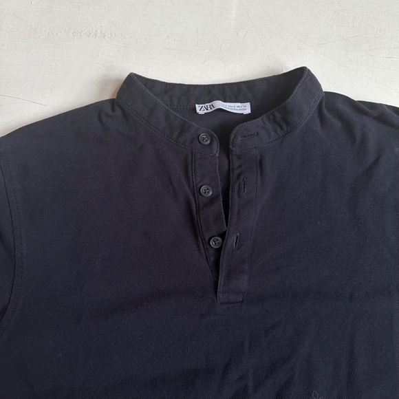 Zara Navy Blue Mandarin Collar Polo Shirt - Picture 3 of 5